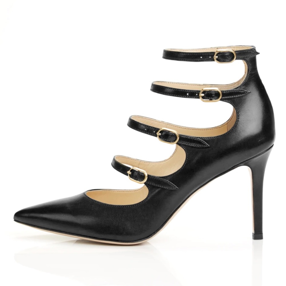 Marion Parke “Mitchell” Black Leather Strappy Mary Jane Stiletto Pump 38EU 7.5US